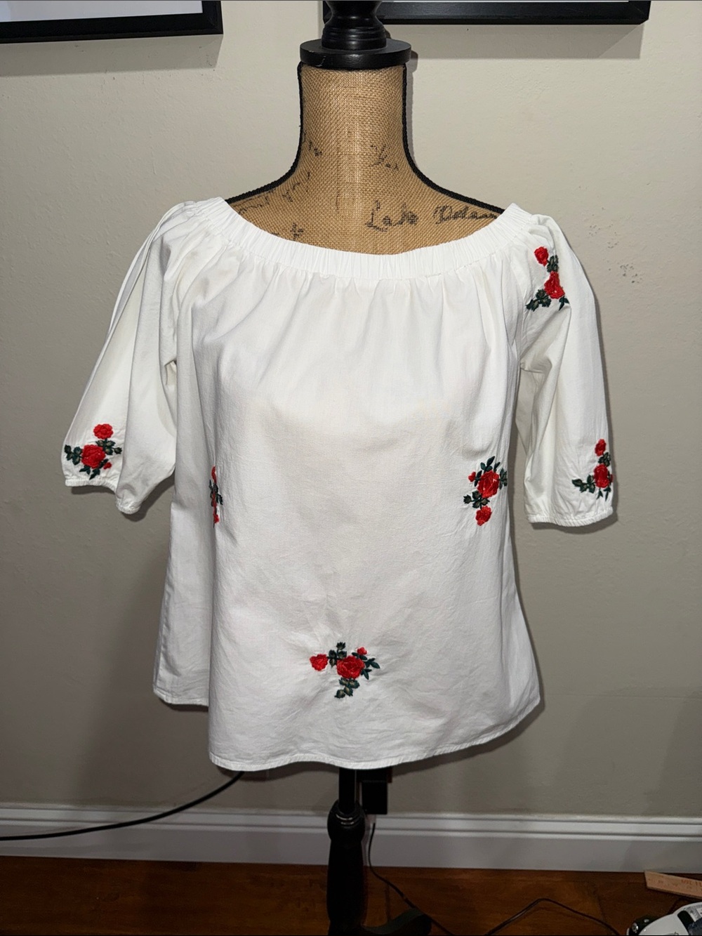 White Off-Shoulder Blouse with Red Rose Embroidery
